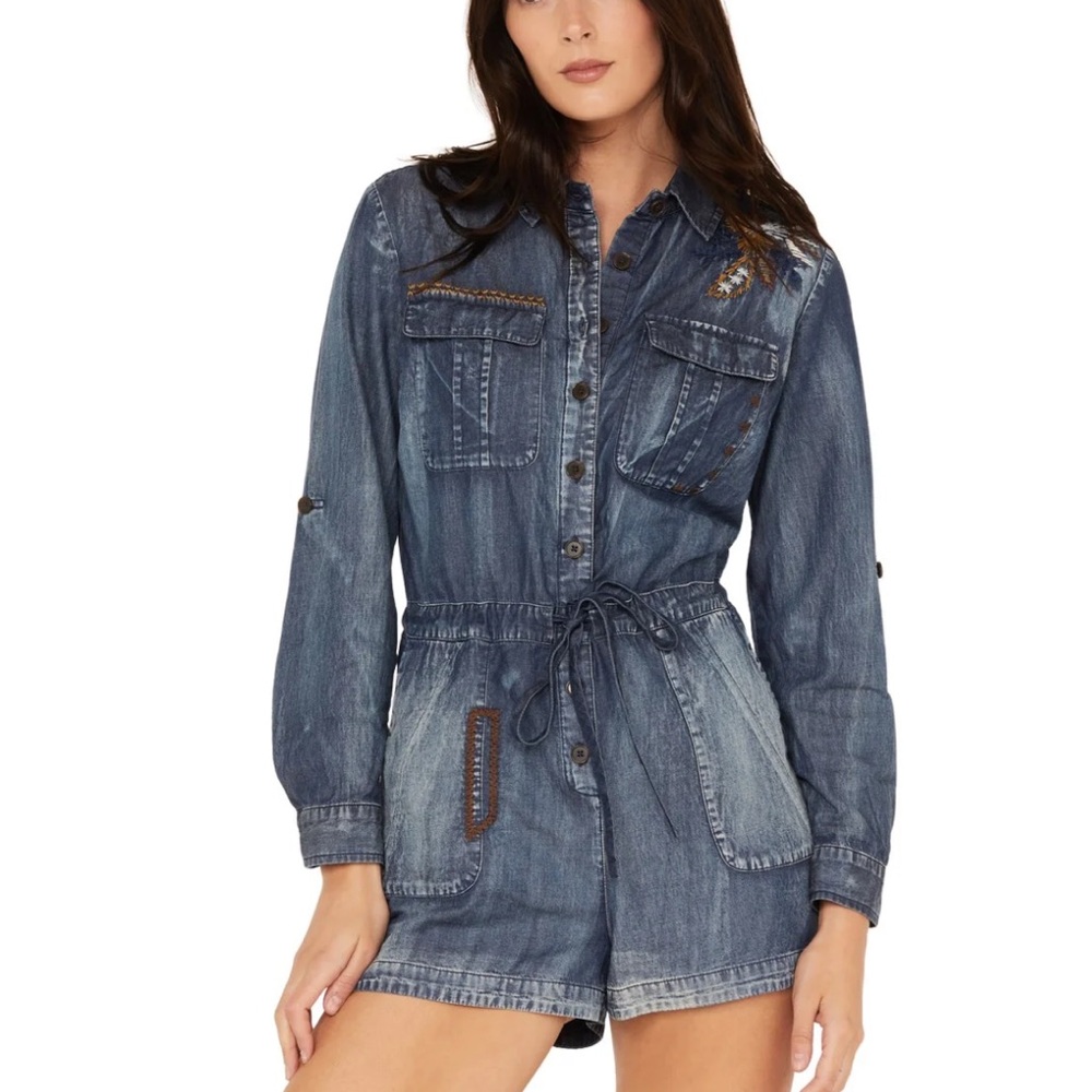 Denim Button-Front Romper with Drawstring Waist - Blue